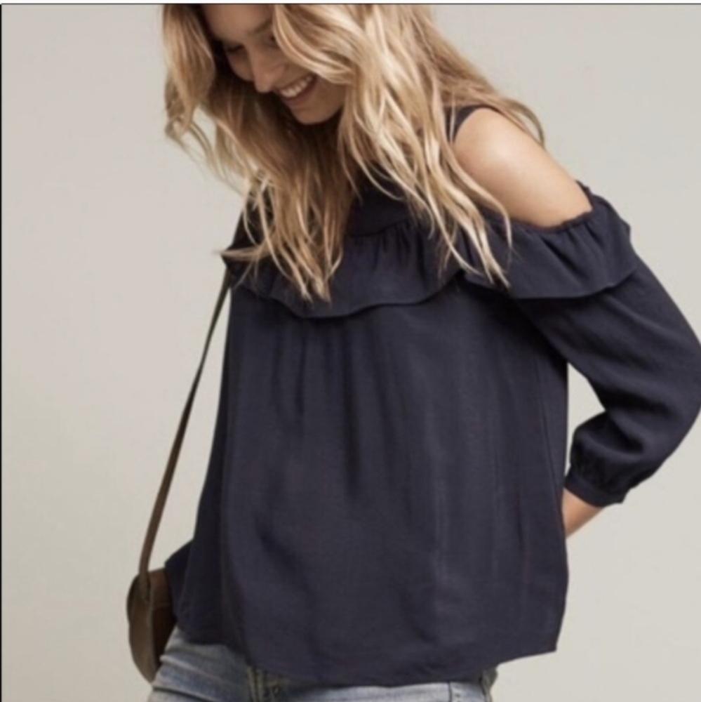 Anthropologie Navy Cold-Shoulder Ruffle Top